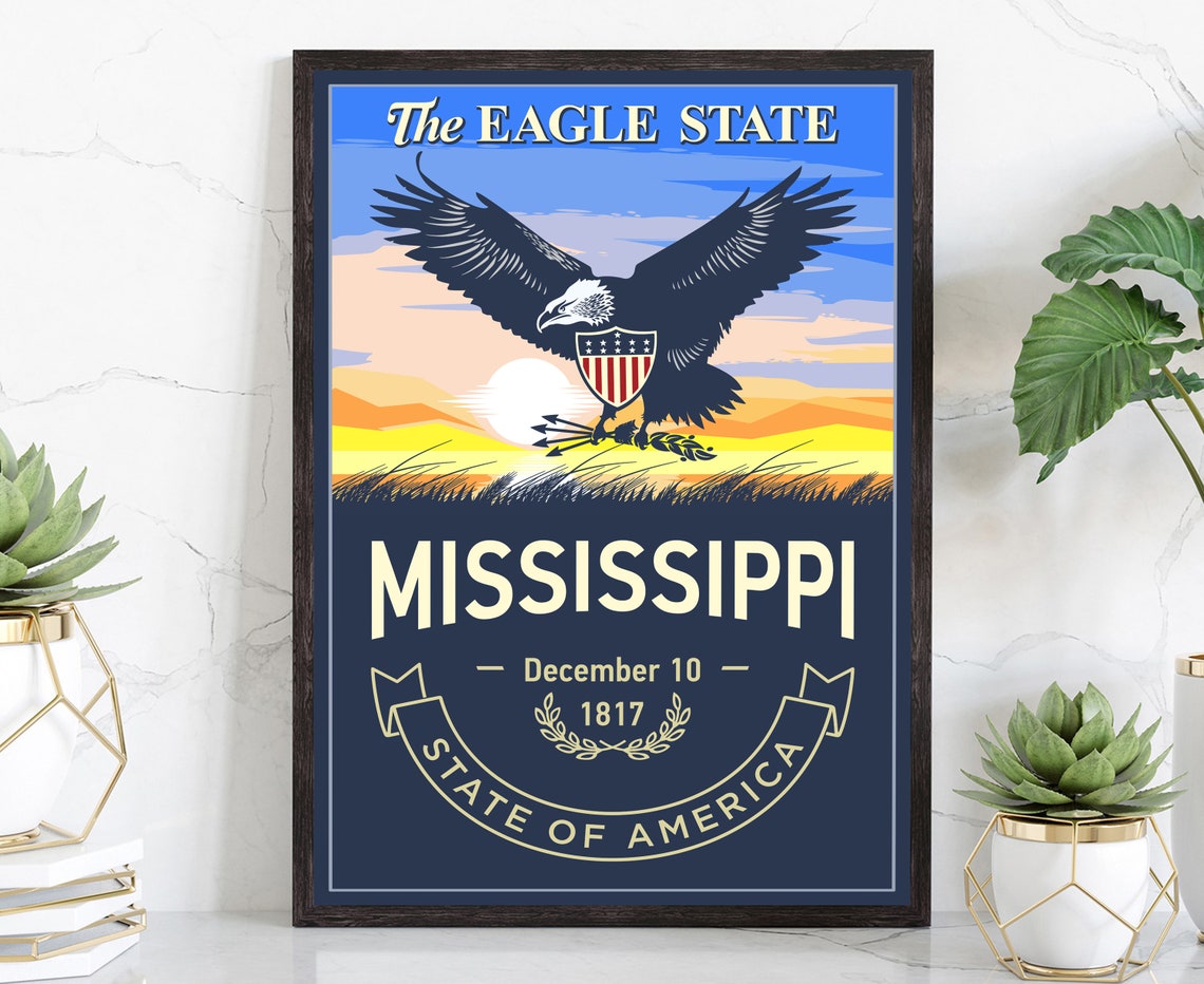 Mississippi Eagle State Bald Eagle Sunset Retro Emblem Travel Poster