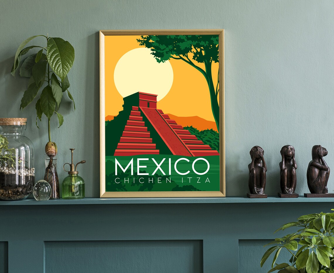 Mexico Chichen Itza Mayan Pyramid Sunset Retro Travel Poster Artwork - Image 3