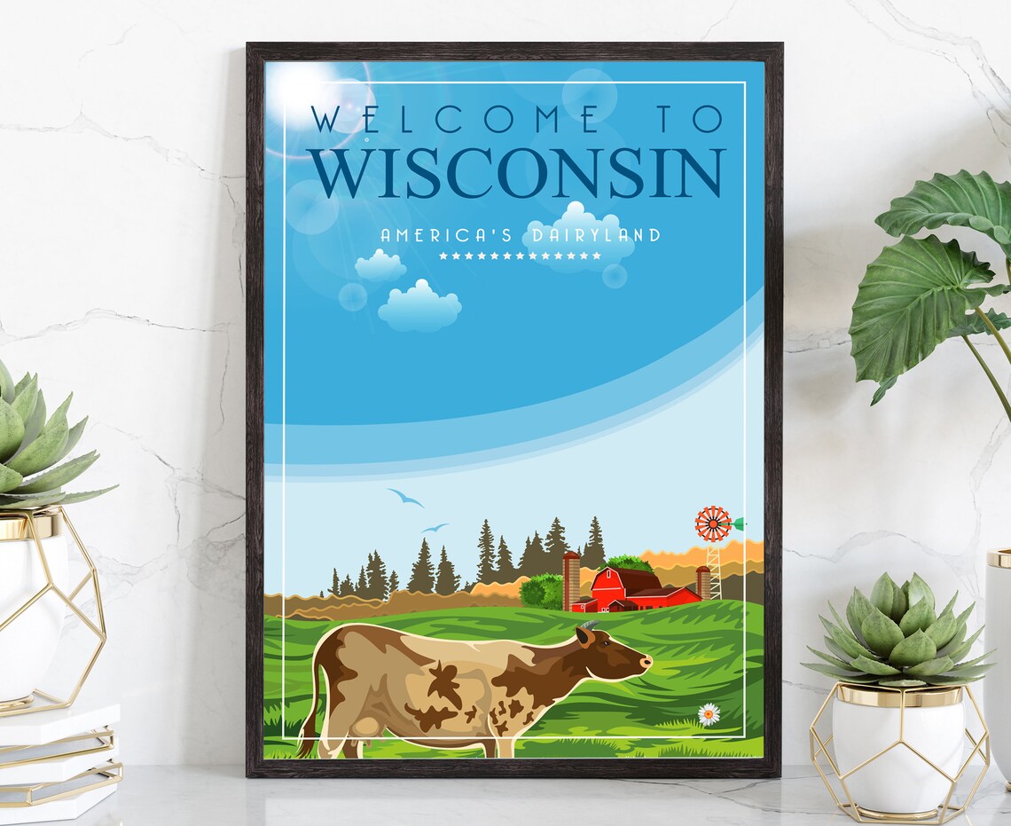 Wisconsin Americas Dairyland Cow Pasture Retro Vintage Travel Poster