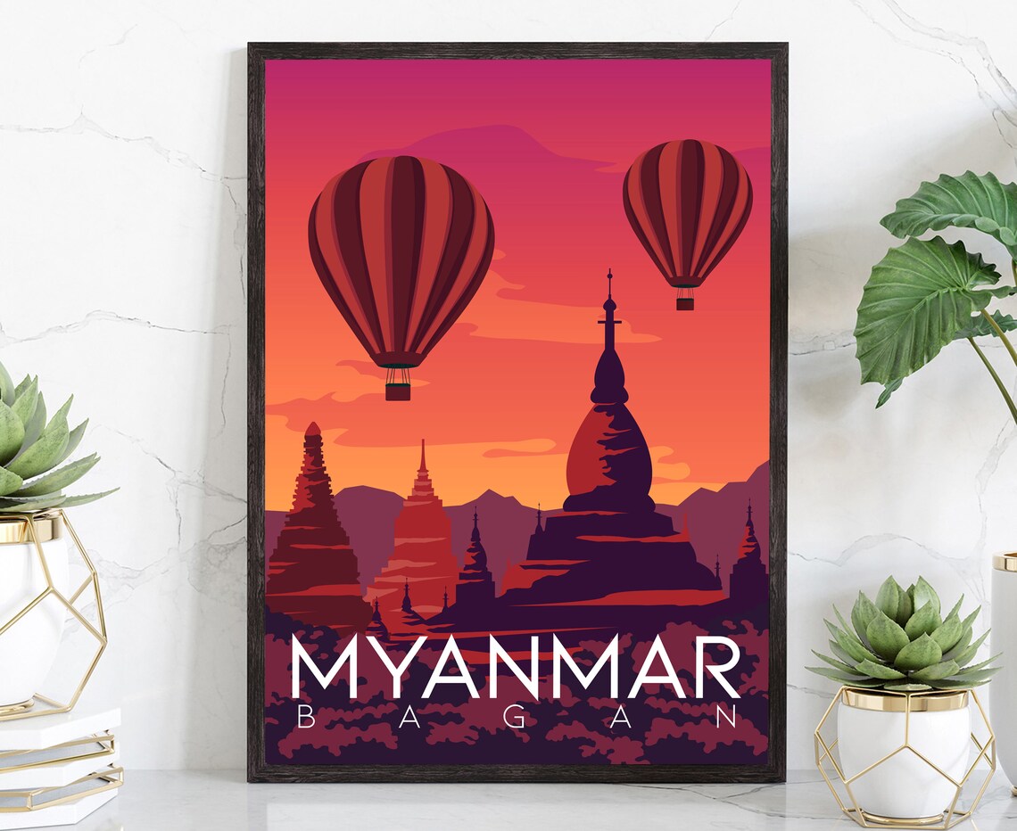 Bagan Myanmar Hot Air Balloons Temple Sunset Retro Travel Poster Print