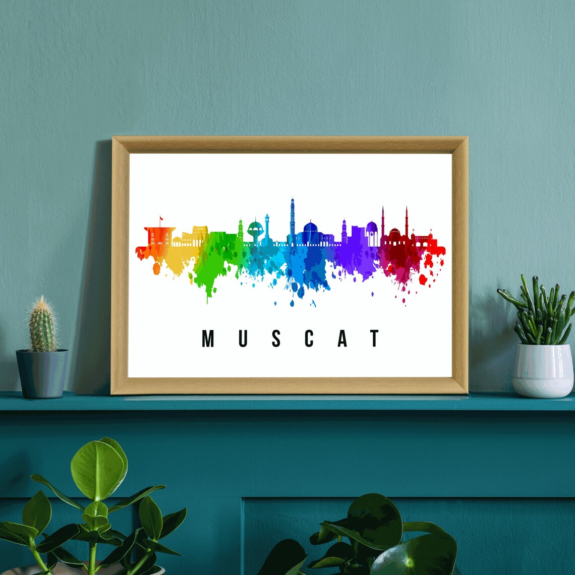 Muscat Oman Mosque Domes Rainbow Watercolor Skyline Travel Poster - Image 3