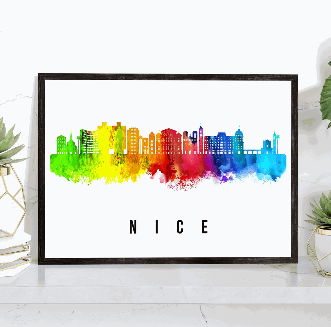 Nice France Rainbow Watercolor City Skyline Silhouette Art Poster