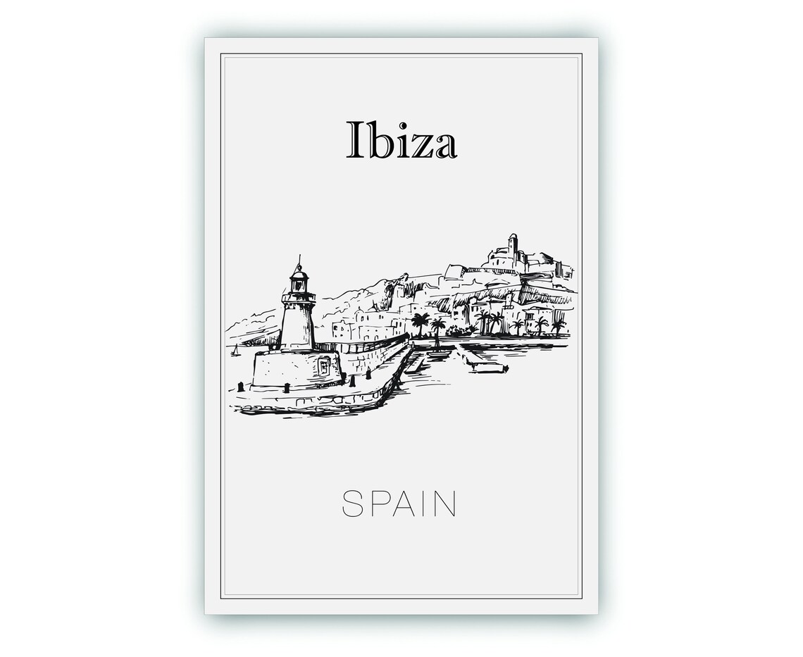 Ibiza Spain Lighthouse And Old Town Coast Hand Drawn Art Poster - Image 2