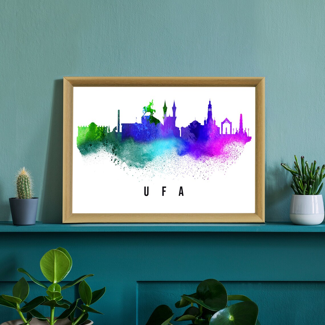 Ufa Russia Watercolor Skyline Green Purple Gradient Cityscape Poster - Image 2