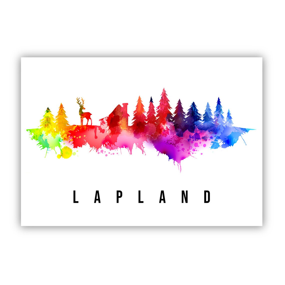 Lapland Finland Reindeer Forest Rainbow Watercolor Travel Poster - Image 2