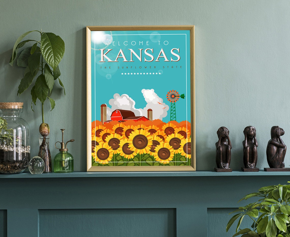 Kansas Sunflower State Retro Barn Windmill Welcome Travel Poster - Image 3