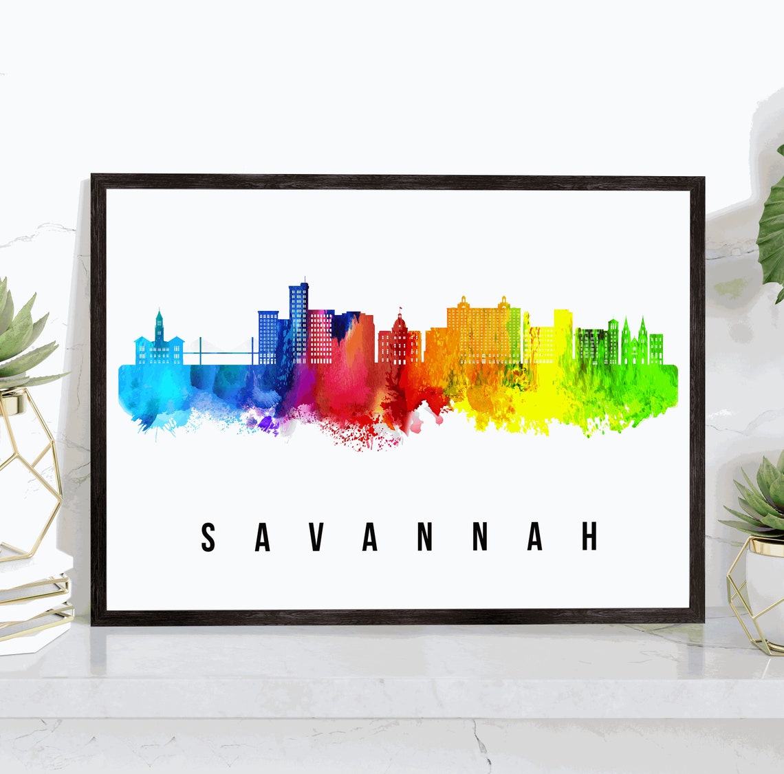 Savannah Georgia Rainbow Watercolor Skyline Minimalist Travel Poster