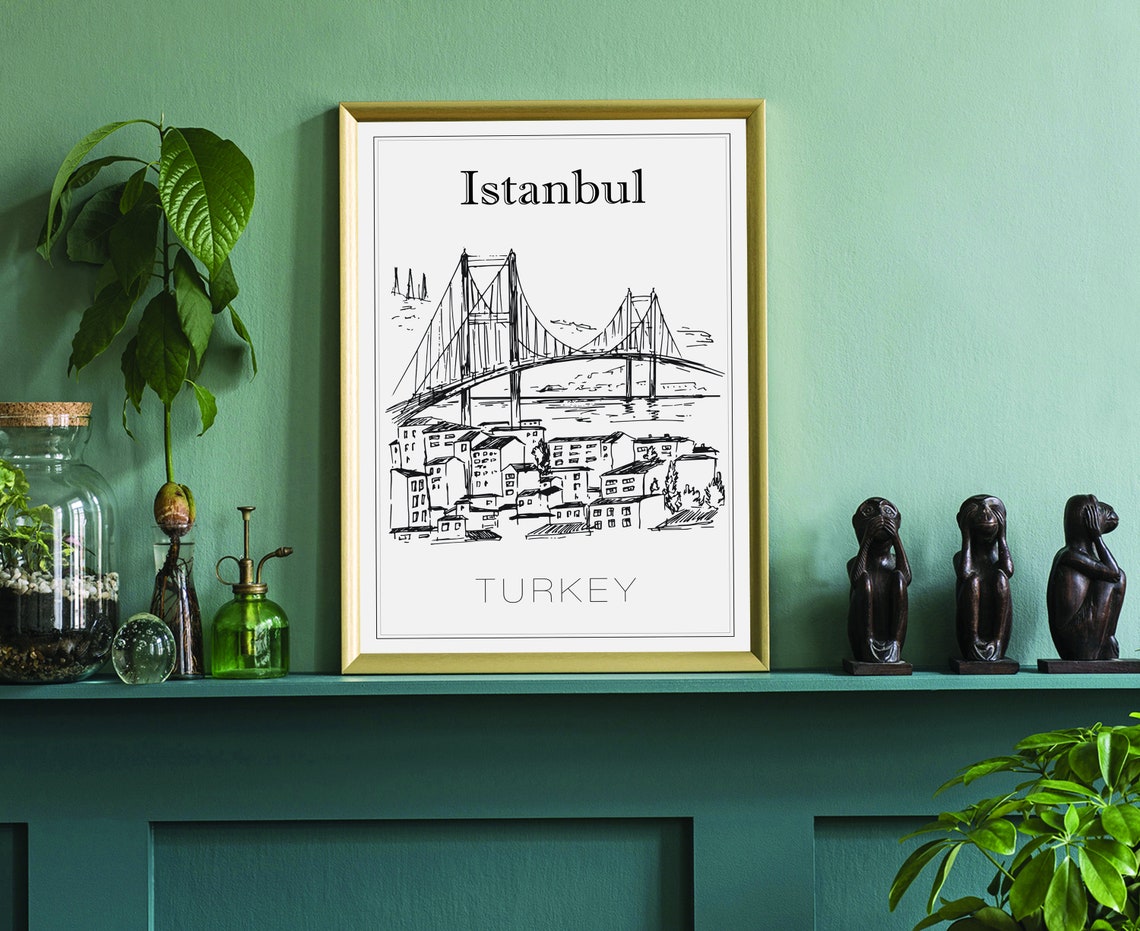 Istanbul Turkey Bosphorus Bridge Waterfront Hand Drawn Art Poster - Image 3