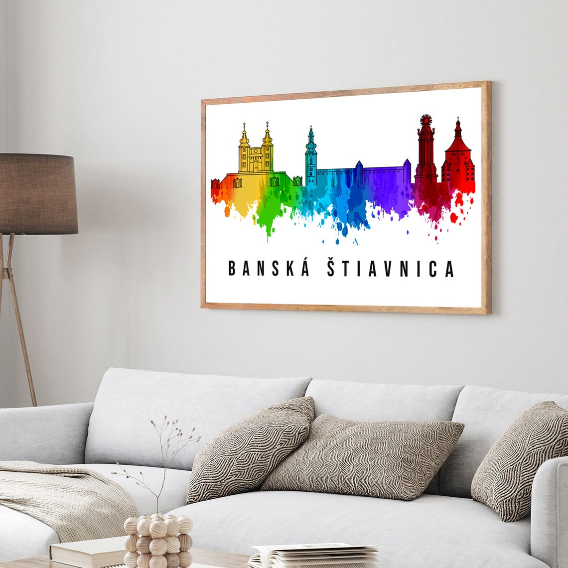 Banska Stiavnica Slovakia Watercolor Rainbow Old Town Skyline Poster - Image 3