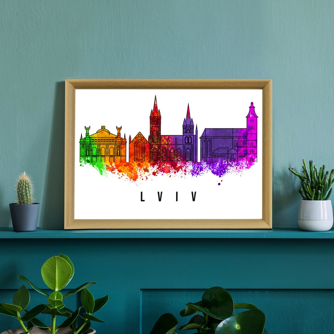 Lviv Ukraine Skyline Watercolor Poster with Old Town Churches View - Image 2