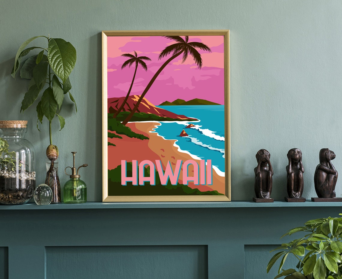 Hawaii Retro Beach Sunset Palm Trees Vintage Style Travel Poster - Image 3