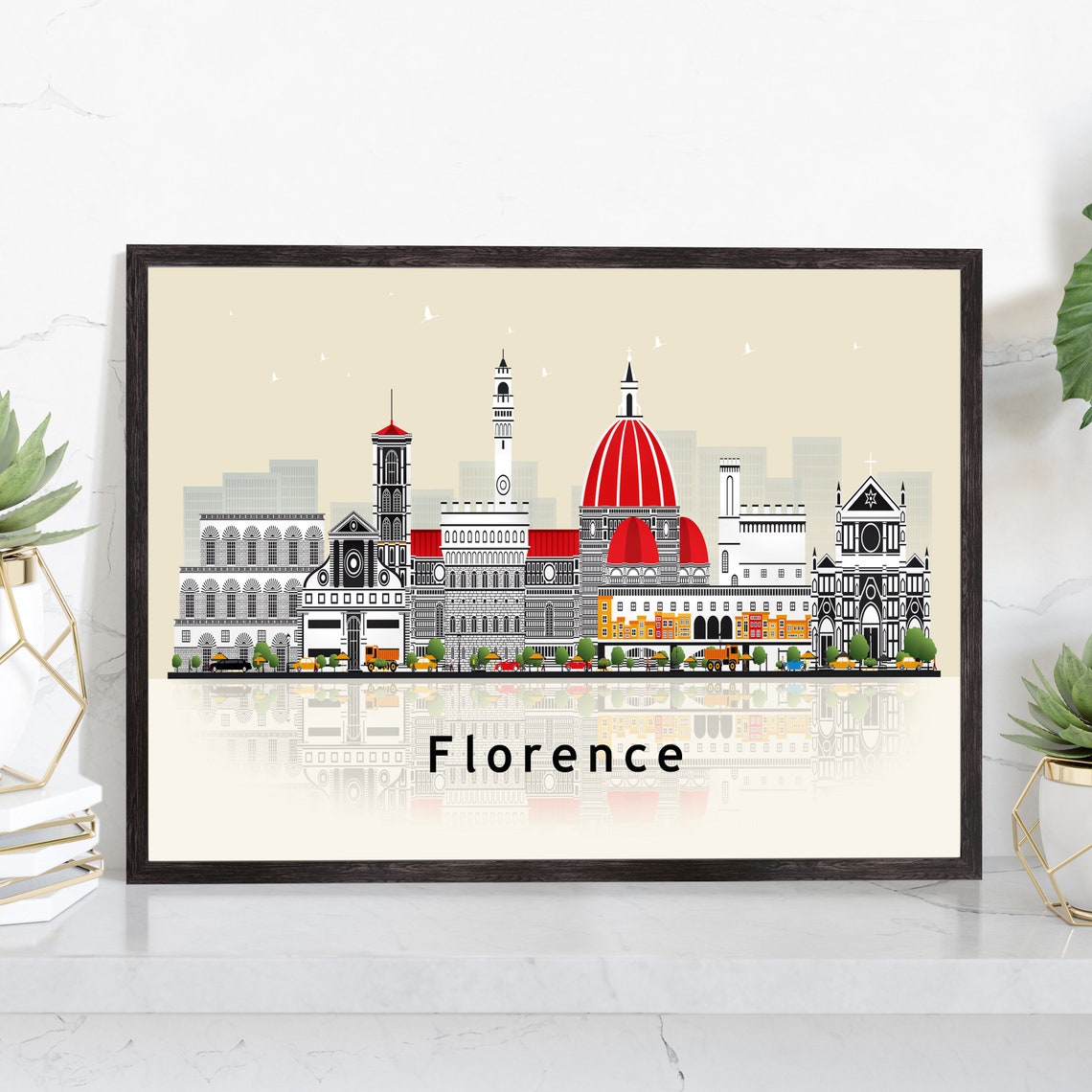 Florence Italy Duomo Red Dome Flat Vector Skyline Travel Poster Print