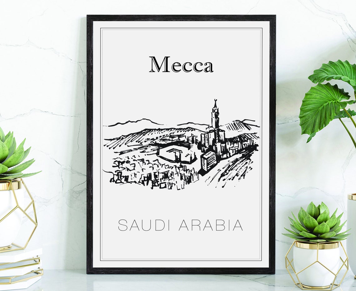 Mecca Saudi Arabia Hand Drawn Cityscape Mountain Skyline Travel Poster