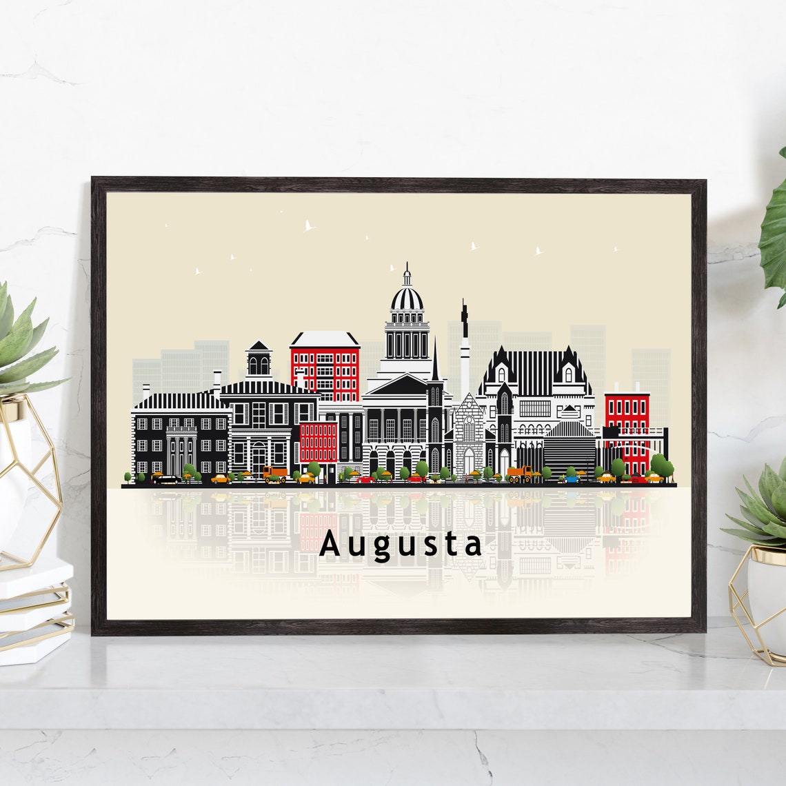 Augusta Georgia Flat Vector Skyline Reflection Cityscape Travel Poster