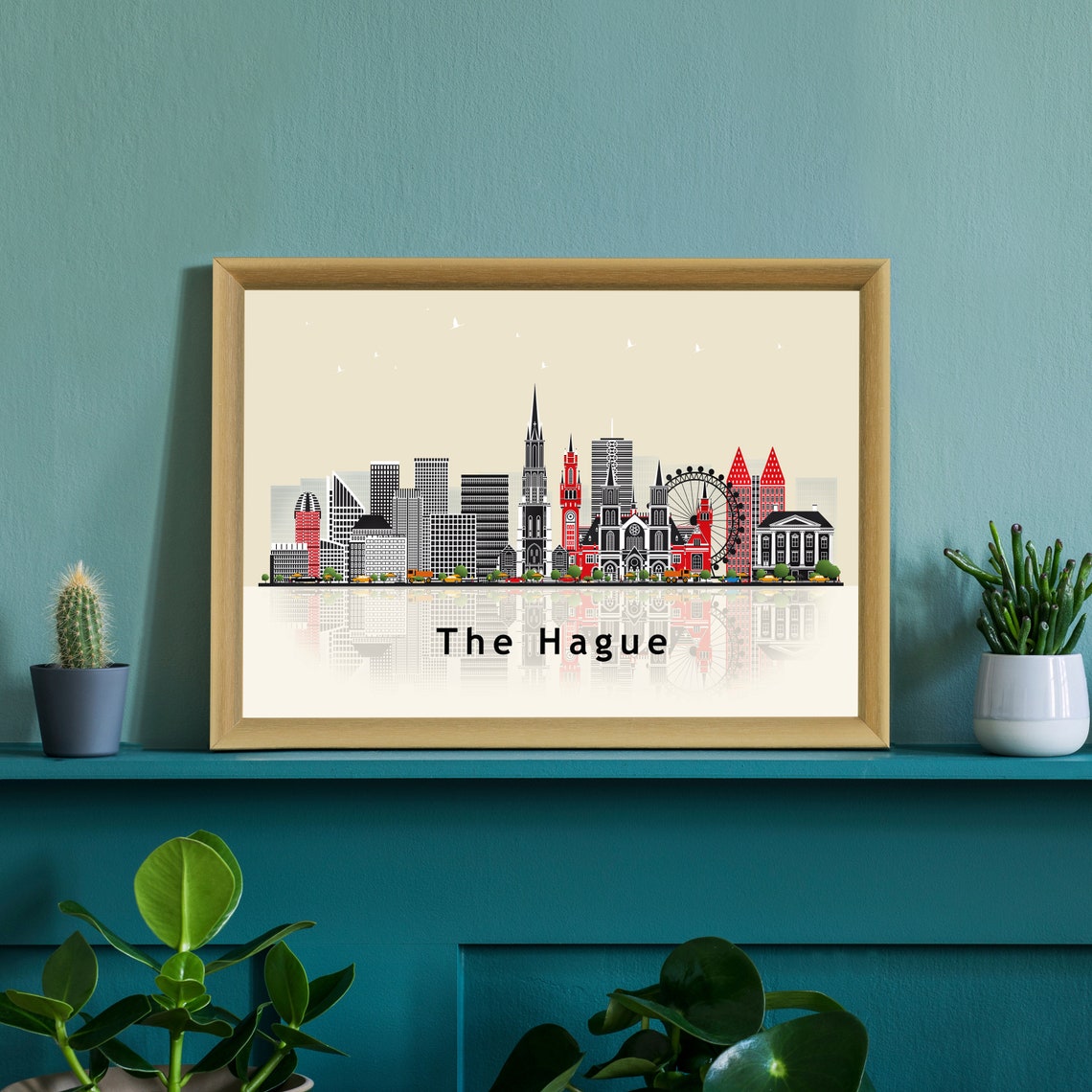 The Hague Netherlands City Skyline Illustration With Reflection Poster - Image 2
