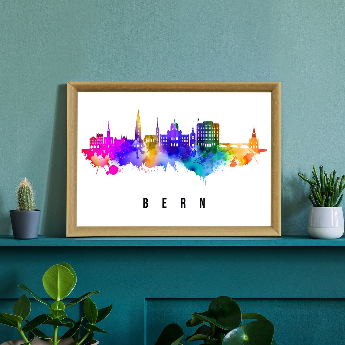 Bern Switzerland Rainbow Watercolor Old Town Skyline View Poster - Image 2