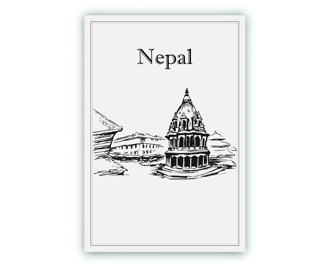 Nepal Hand Drawn Black White Temple Landmark Sketch Art Poster - Image 2