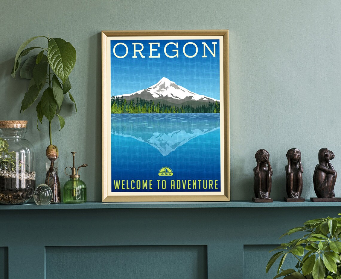 Oregon Mount Hood Lake Reflection Vintage Welcome To Adventure Poster - Image 2