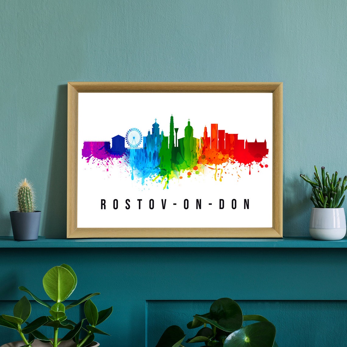 Rostov On Don Russia Rainbow Watercolor Skyline Ferris Wheel Poster - Image 2