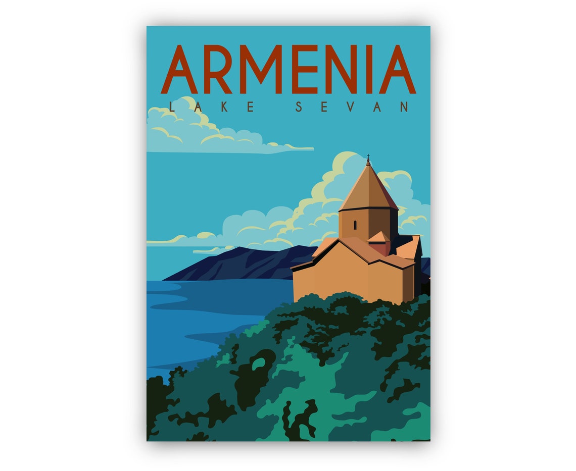 Armenia Lake Sevan Sevanavank Monastery Retro Travel Wall Poster - Image 2