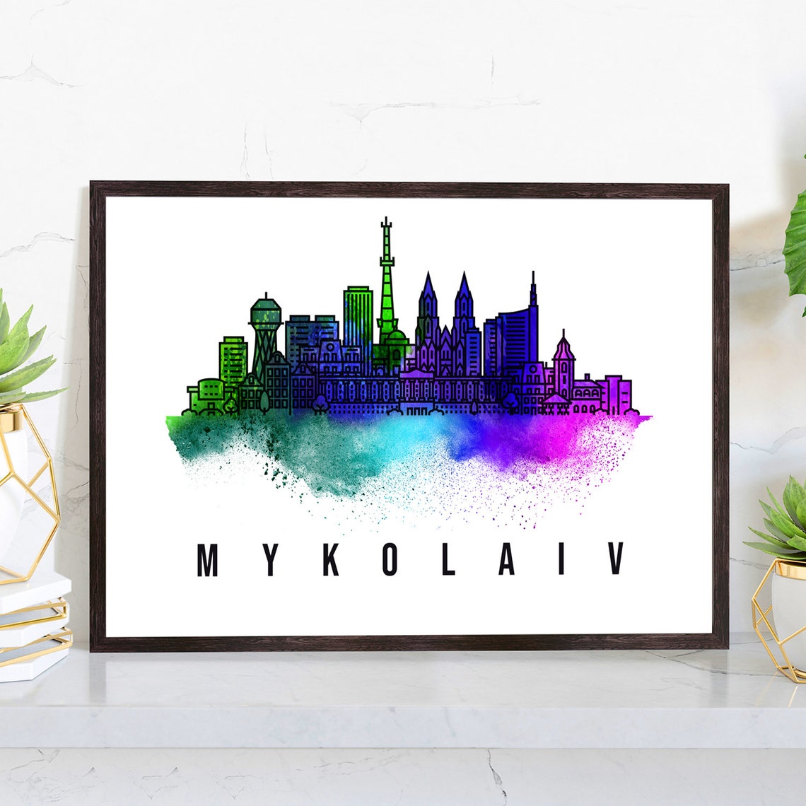 Mykolaiv Ukraine Skyline Watercolor Poster with River Harbor View
