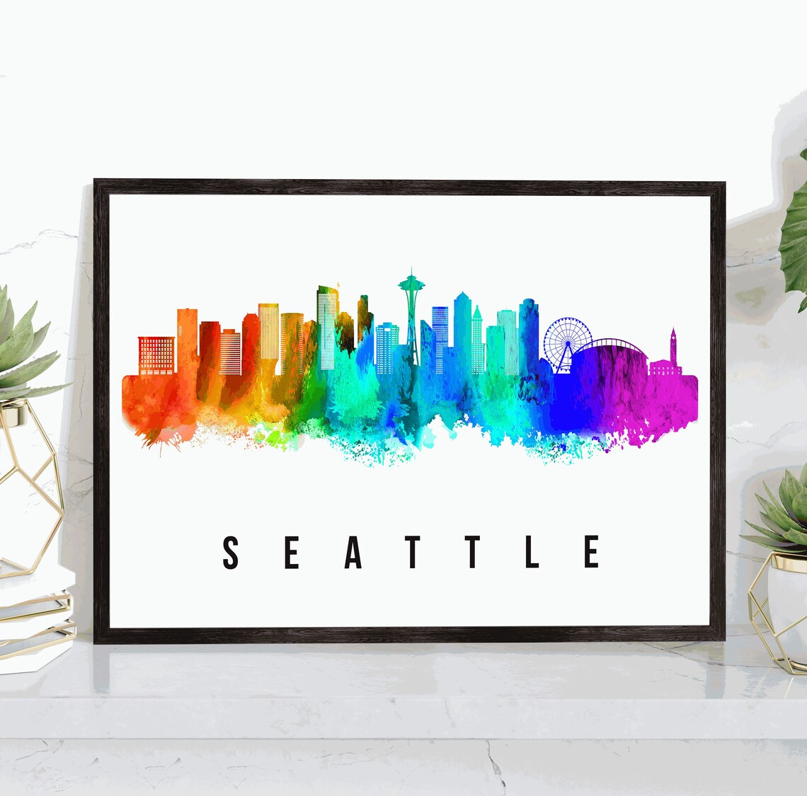 Seattle Washington Space Needle Great Wheel Watercolor Travel Poster