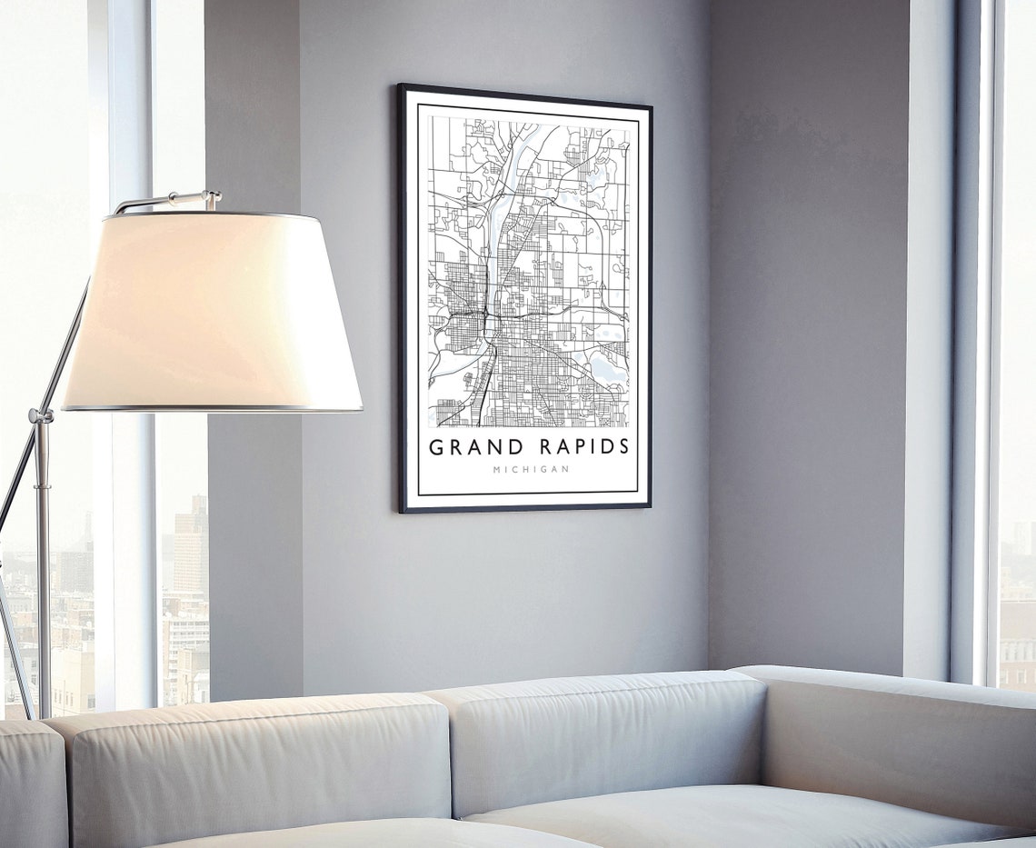 Grand Rapids Michigan Downtown Black Line Street Map Wall Art - Image 4