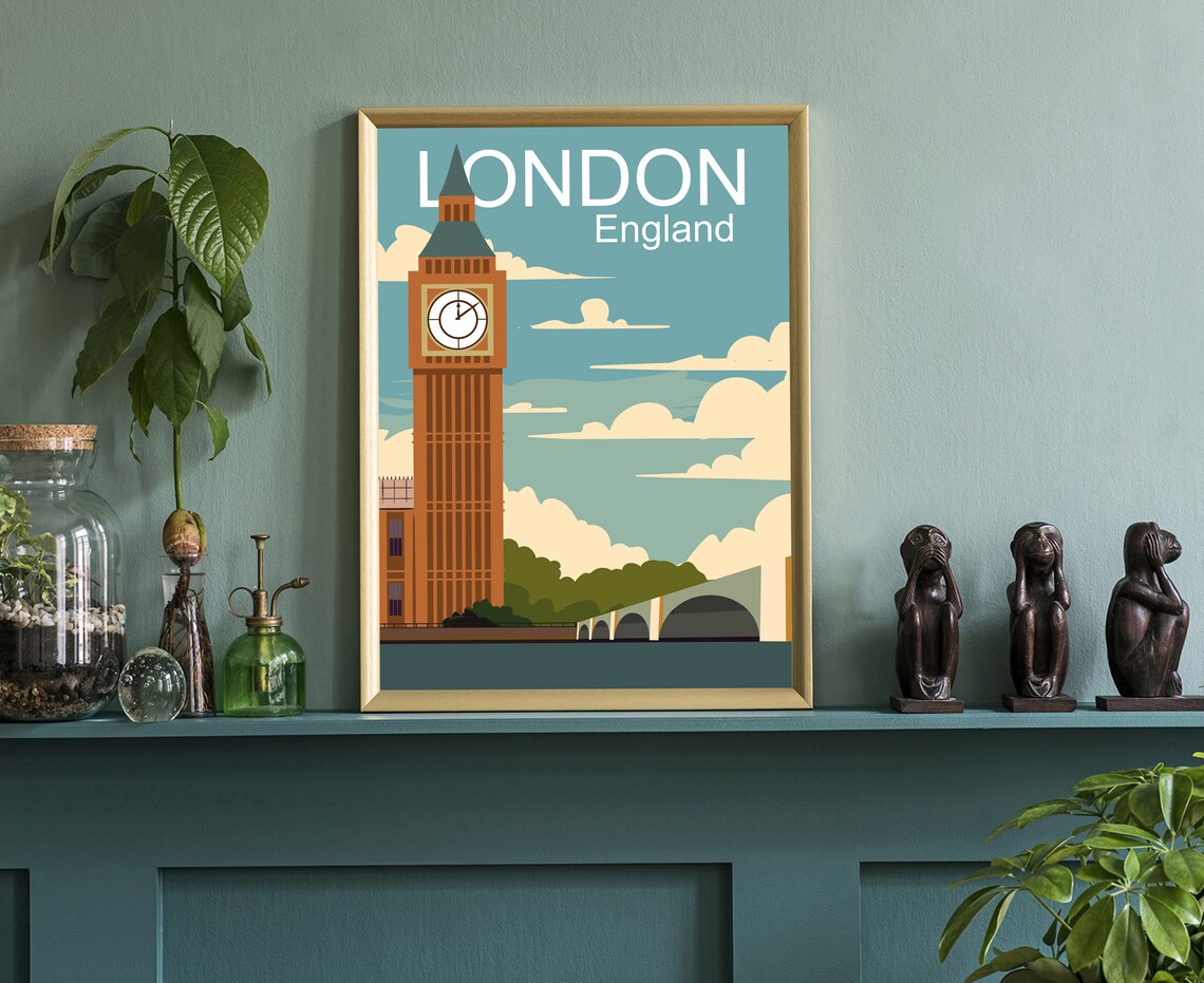 London England Tower Bridge Big Ben Landmark Vintage Travel Poster - Image 3
