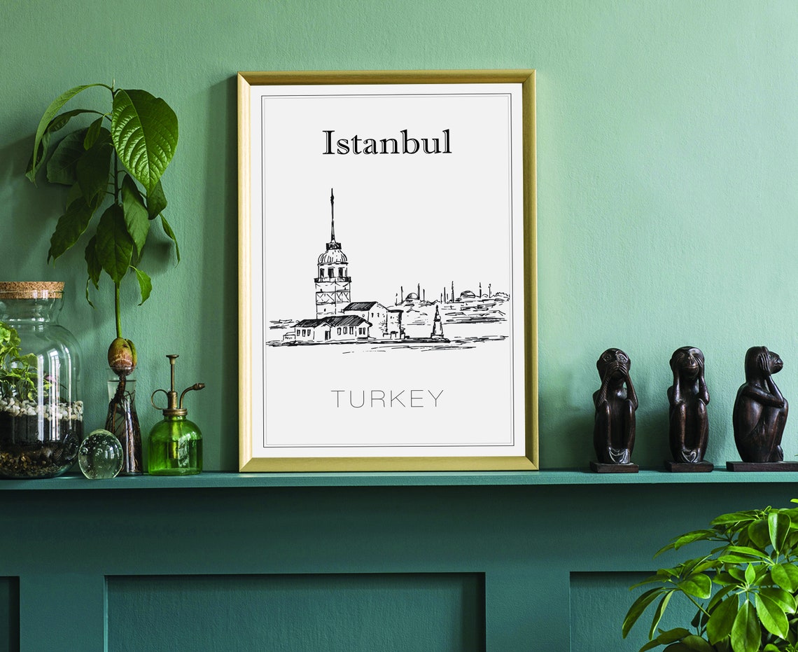Istanbul Turkey Maiden's Tower Bosphorus Hand Drawn Sketch Poster - Image 3