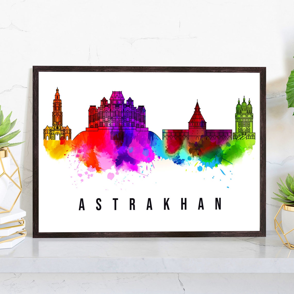 Astrakhan Russia Rainbow Watercolor Skyline Kremlin Domes Poster