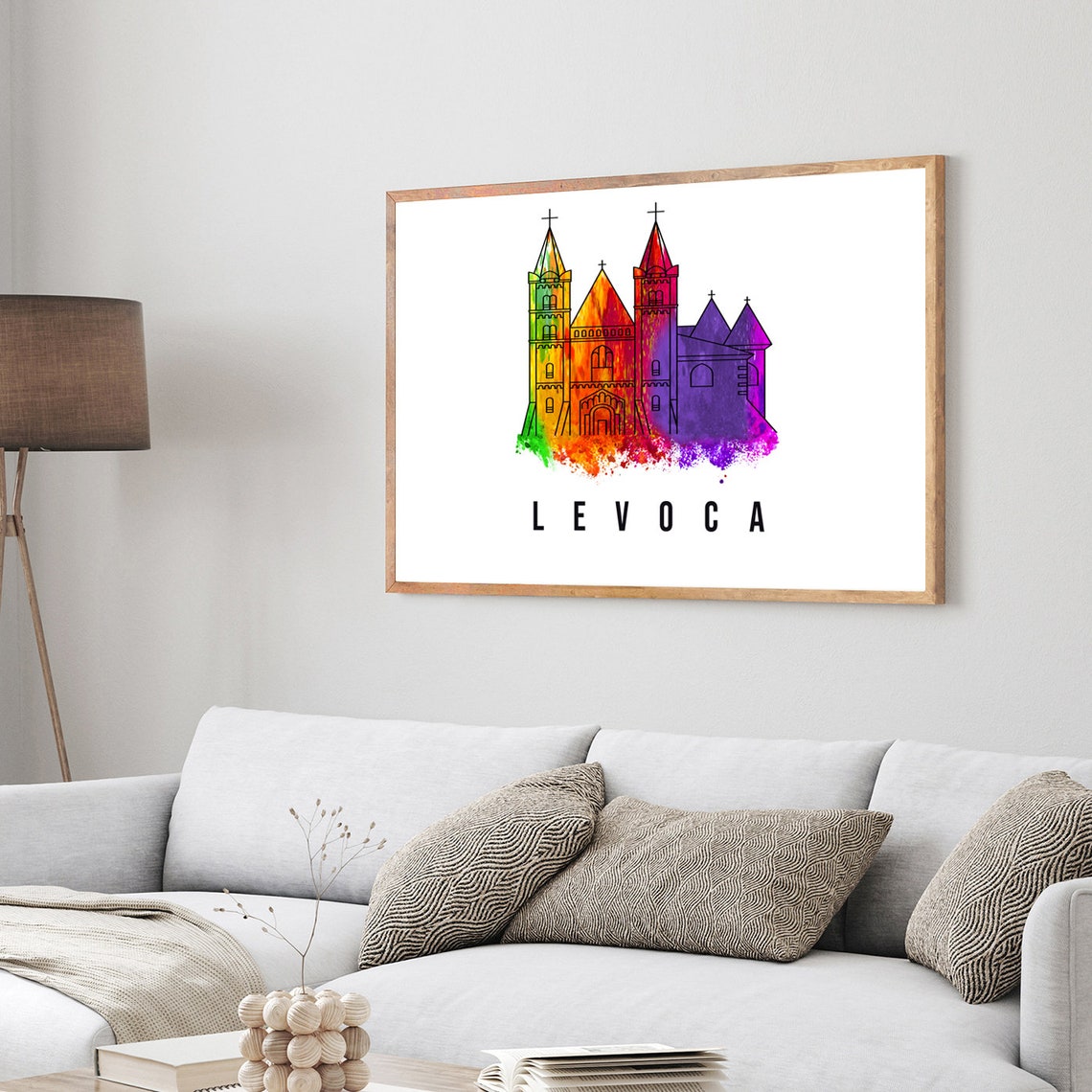 Levoca Slovakia Watercolor Rainbow Church Outline Skyline Art Poster - Image 3