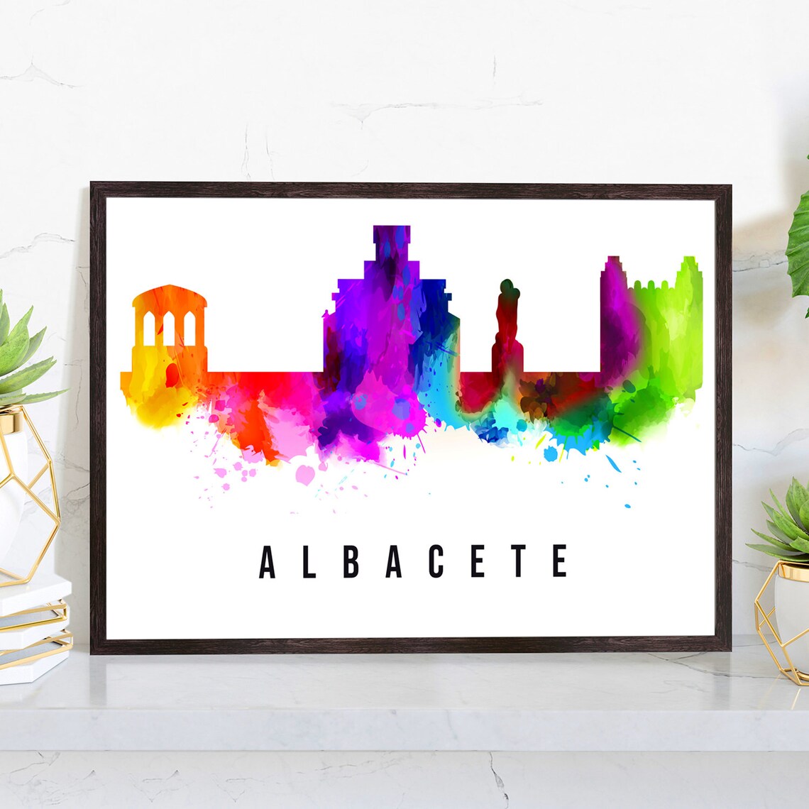 Albacete Spain Rainbow Watercolor Skyline Modern Cityscape Art Poster