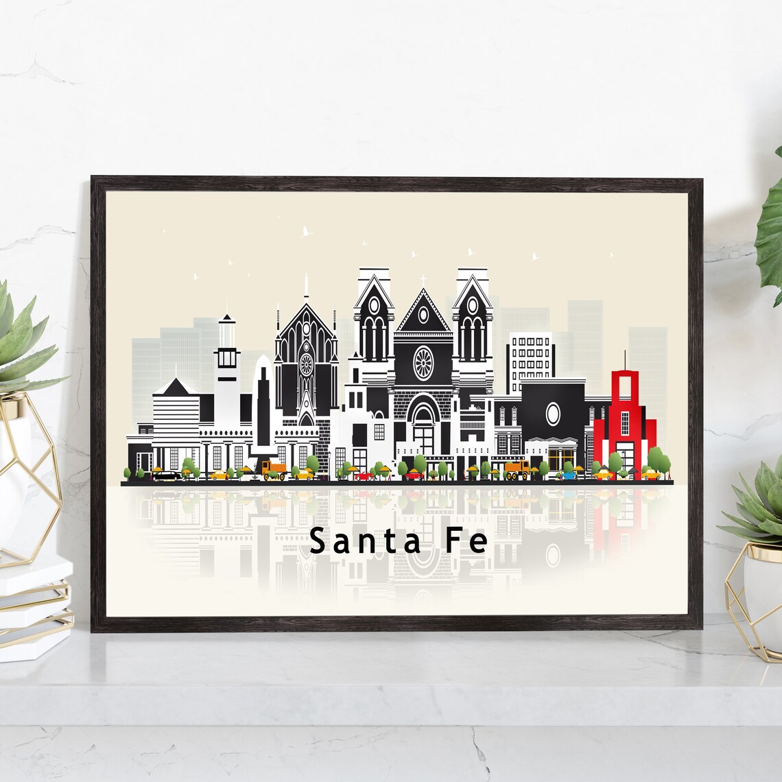 Santa Fe New Mexico Cathedral Rose Window Skyline Illustration Poster
