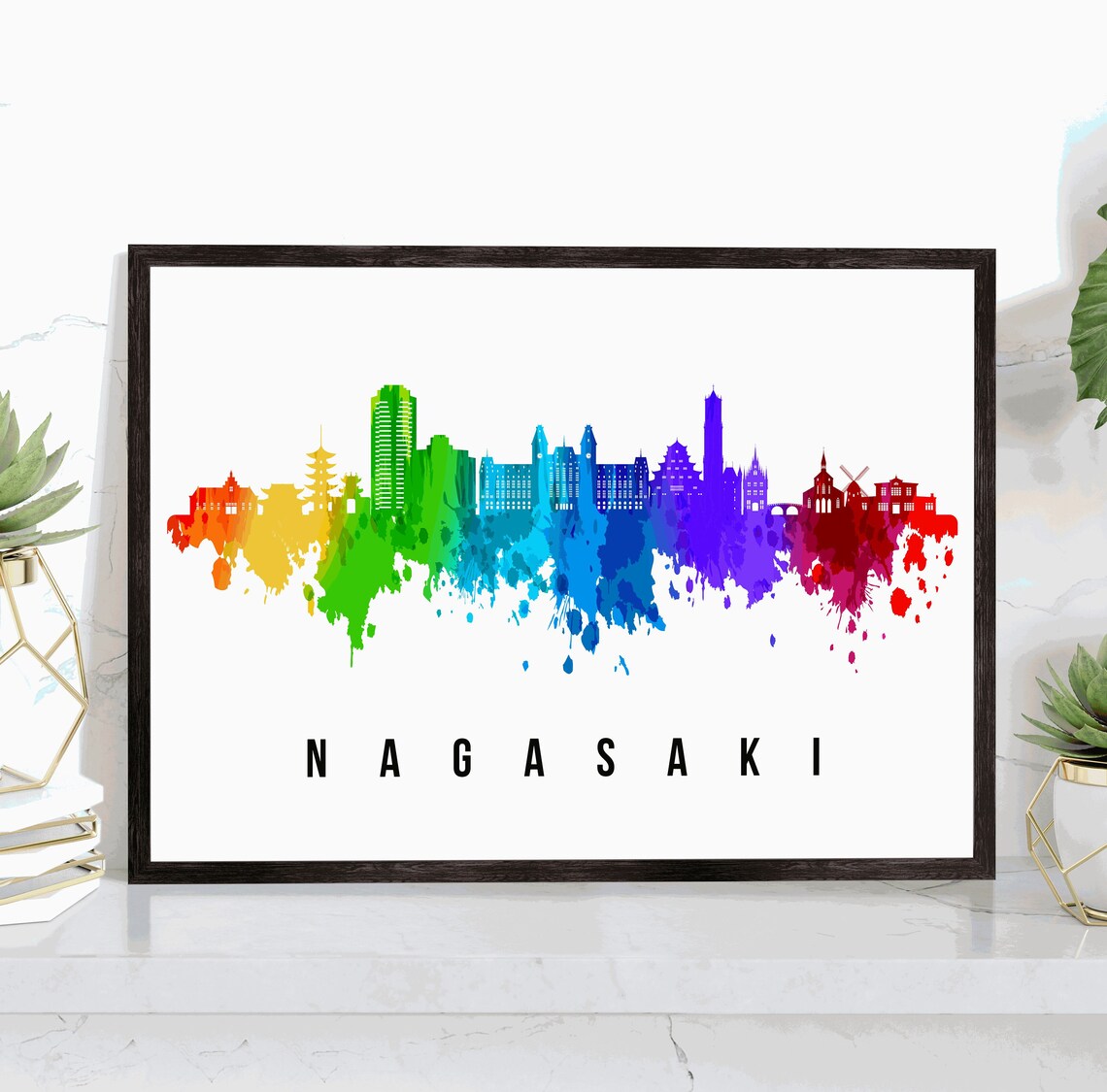Nagasaki Japan Rainbow Watercolor Skyline City Art Travel Poster