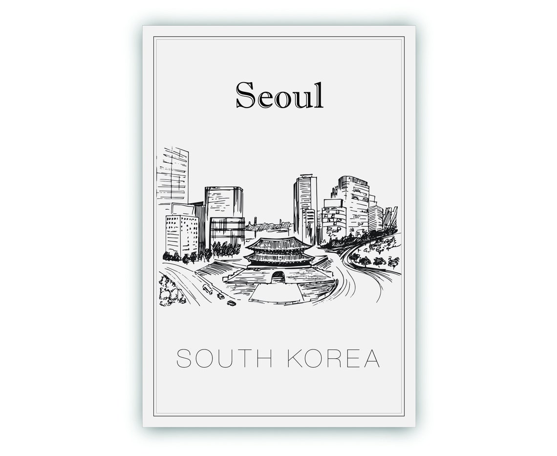 Seoul South Korea Hand Drawn Namdaemun Gate City Skyline Travel Poster - Image 2
