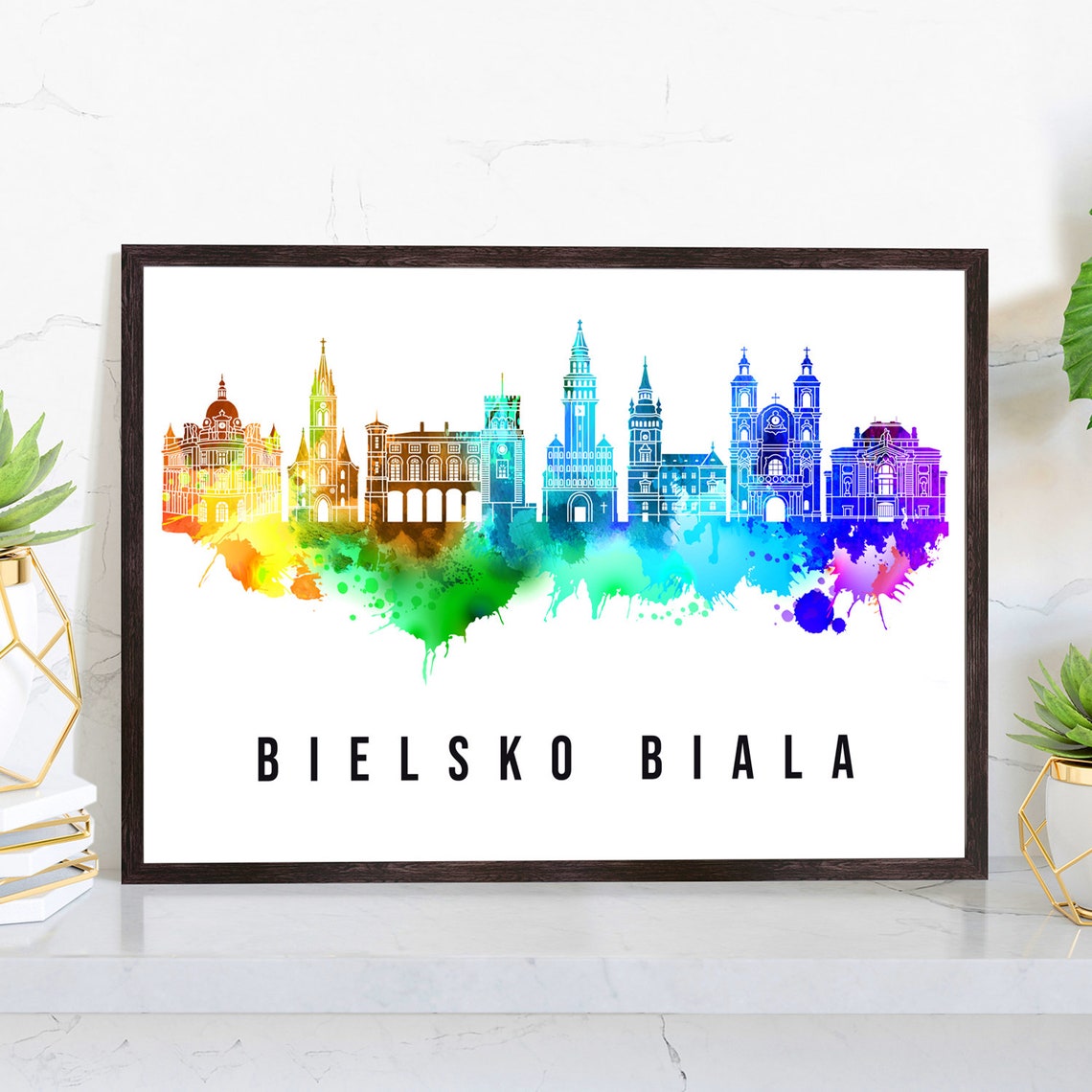 Bielsko Biala Poland Old Town Churches Watercolor Skyline Poster