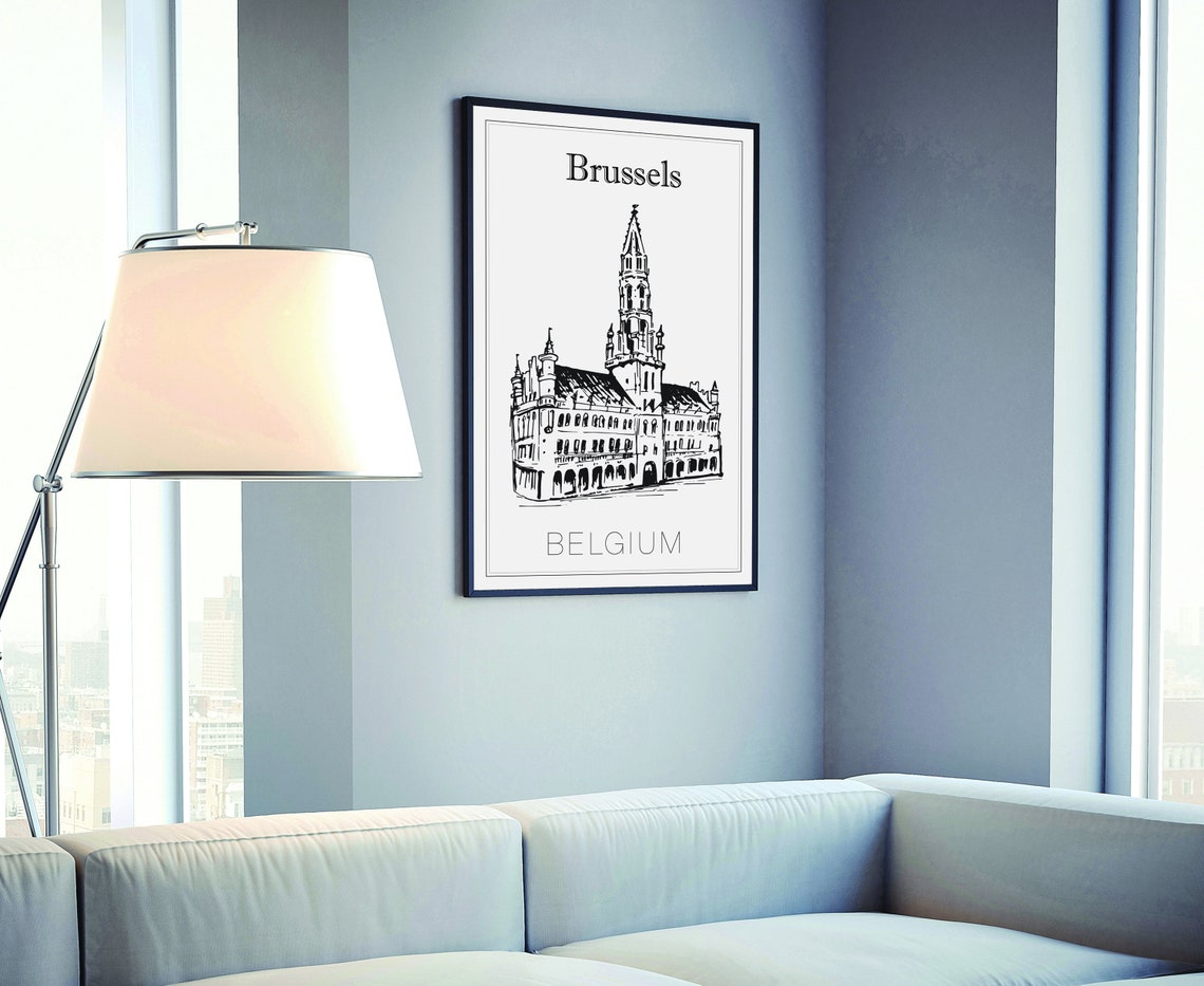 Brussels Belgium Town Hall Grand Place Gothic Tower Sketch Poster - Image 4