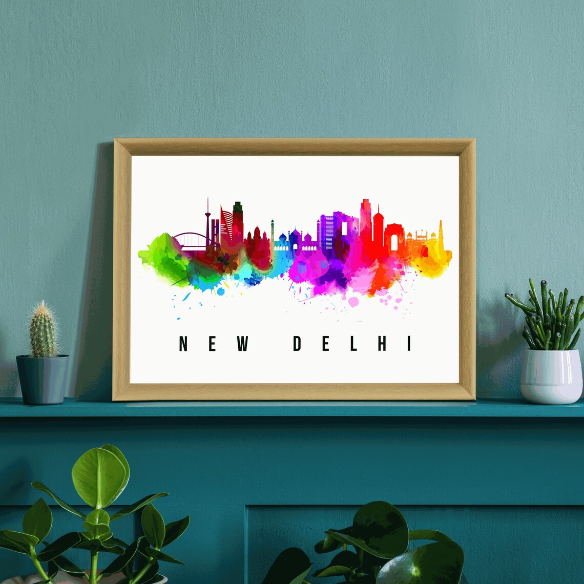 New Delhi India Gate Rainbow Watercolor Skyline Travel Poster - Image 3
