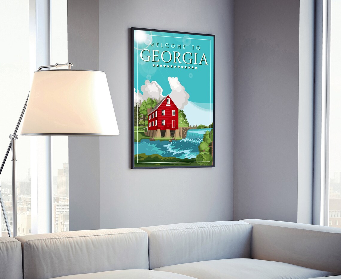 Welcome to Georgia Retro Red Barn Watermill Waterfall Travel Poster - Image 4