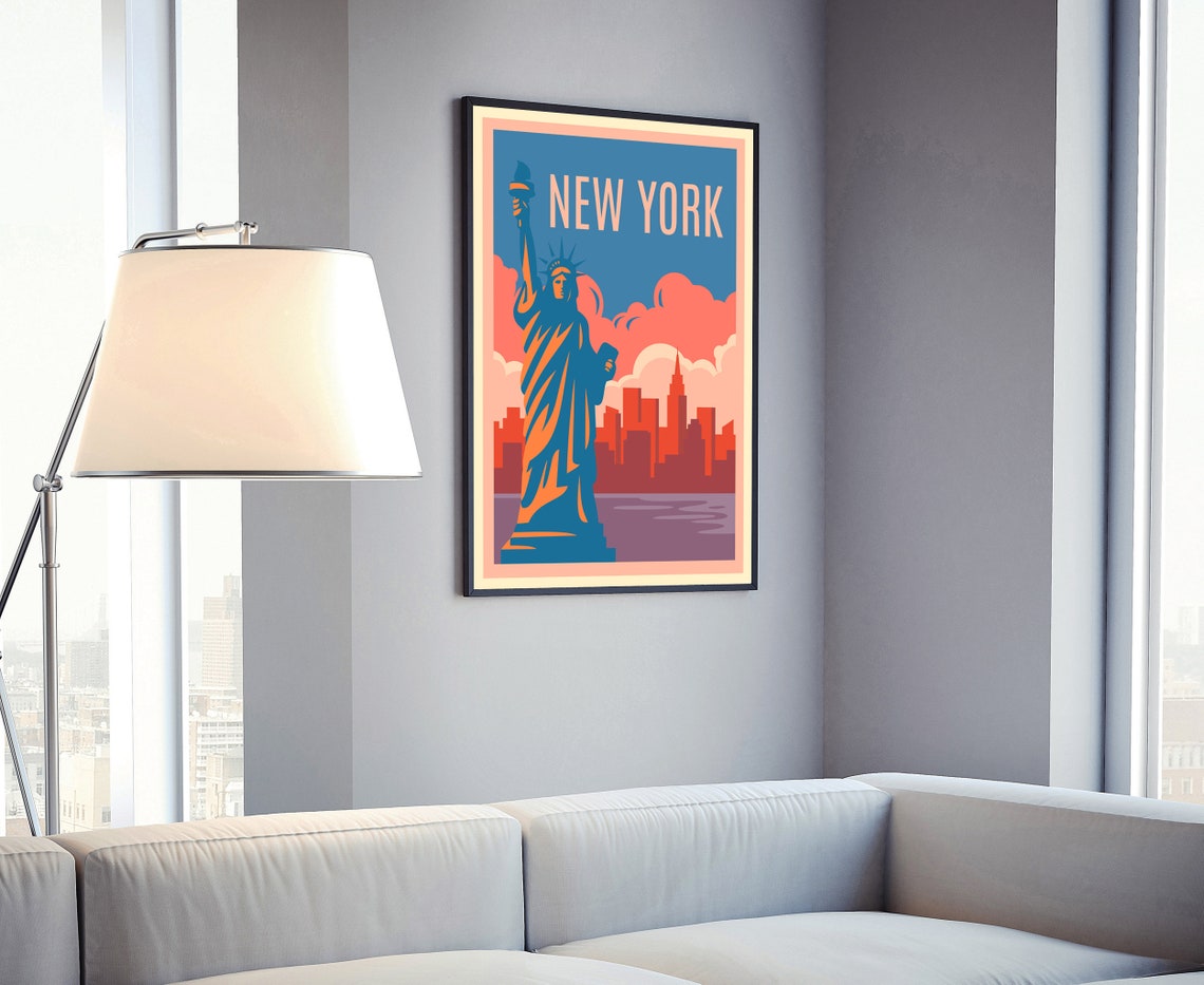 New York Statue of Liberty Retro Sunset Harbor Skyline Travel Poster - Image 4