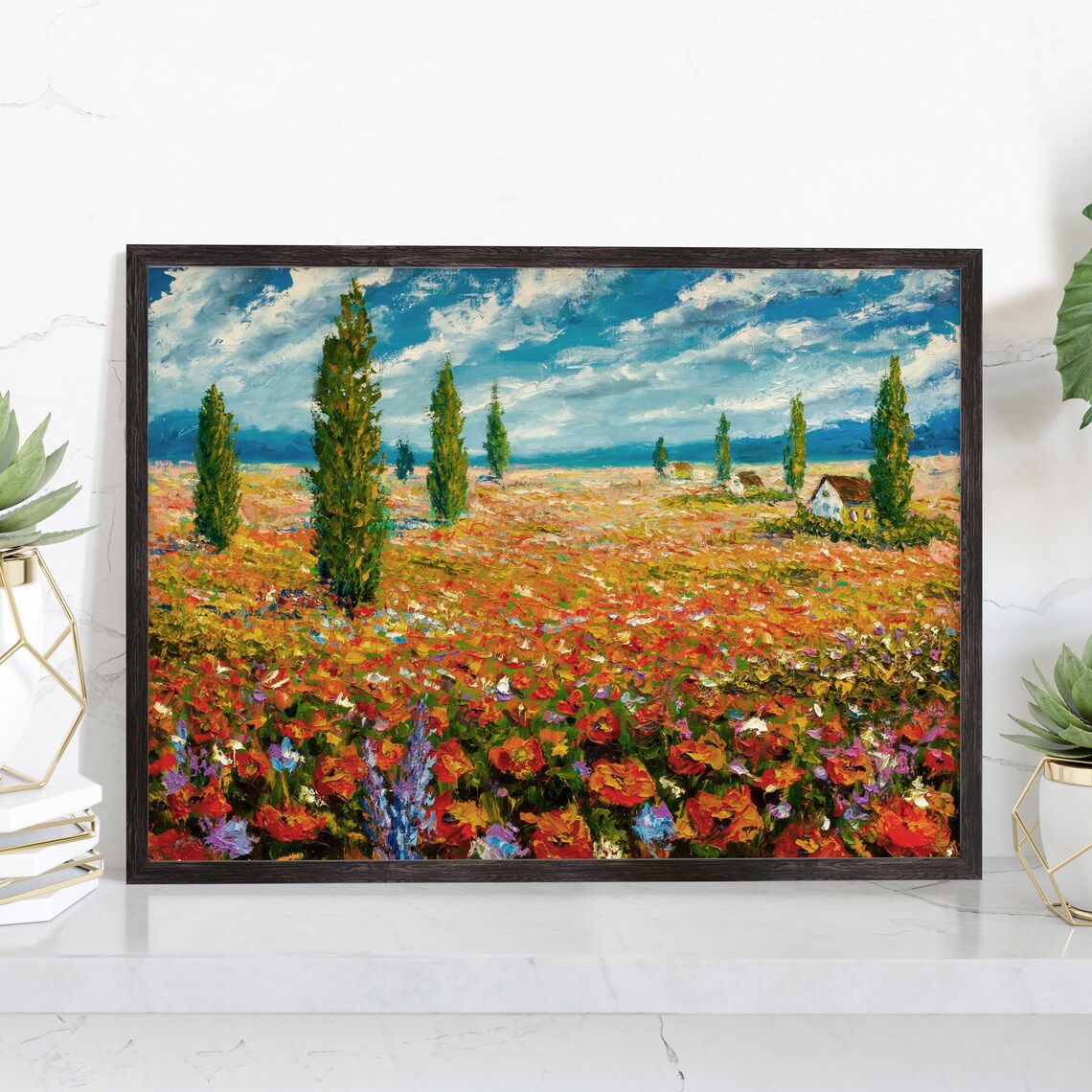 Poppy Field Cypress Trees Cottage Impasto Oil Painting Wall Art