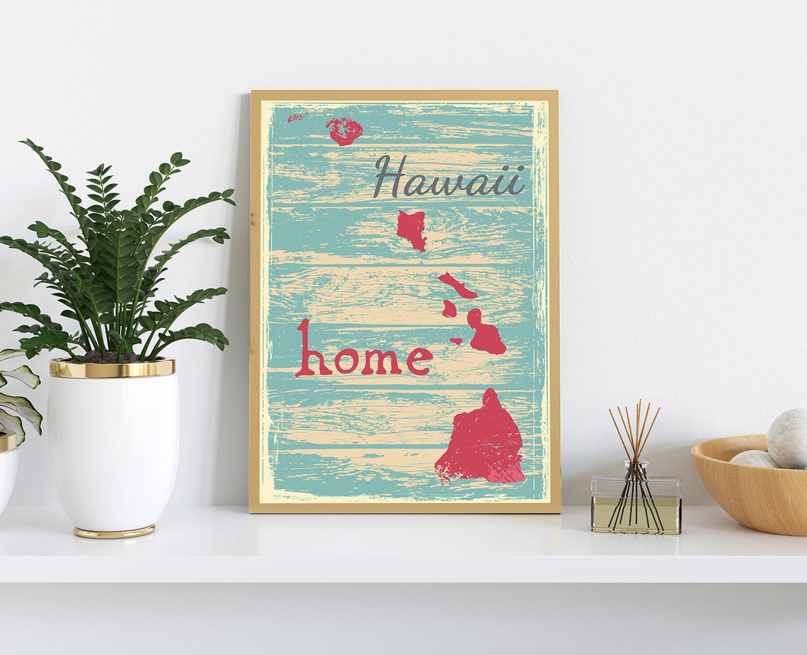 Hawaii Home Islands Red Silhouette Vintage Distressed Teal Map Poster - Image 3