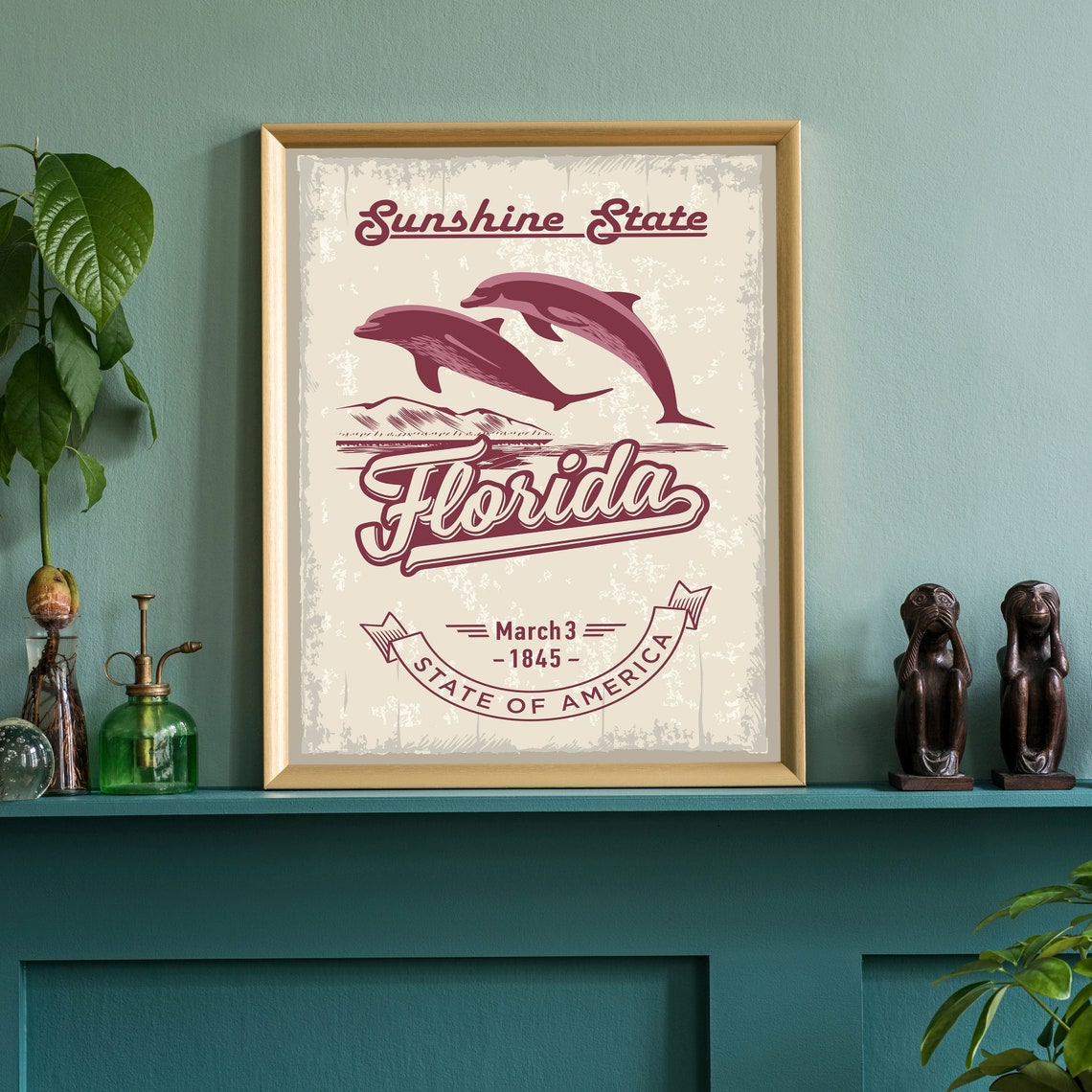 Florida Sunshine State Vintage Poster with Dolphins Ocean Sunset Art - Image 3