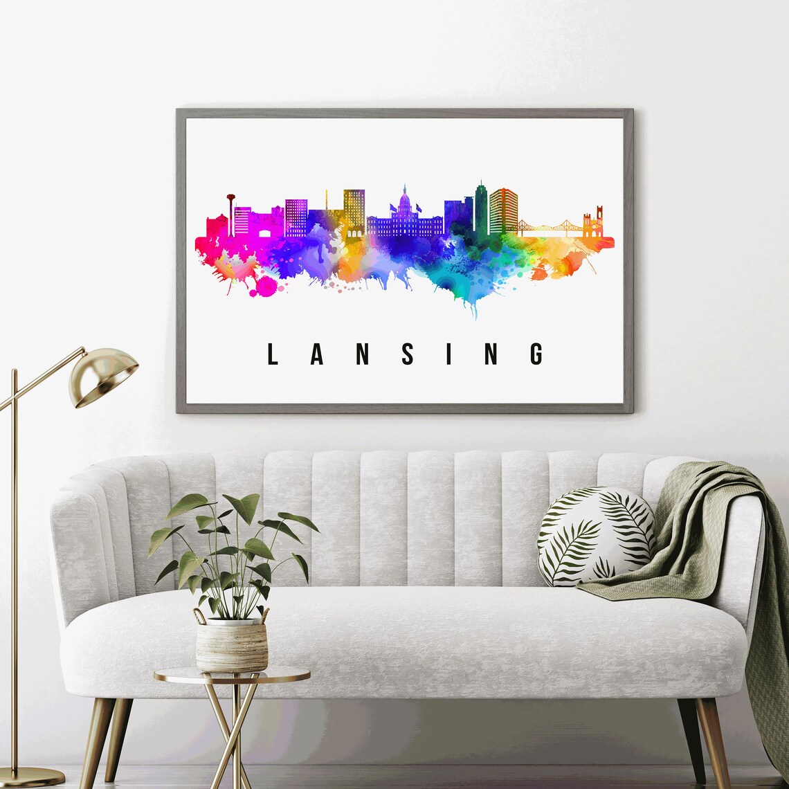 Lansing Michigan Rainbow Watercolor Skyline Cityscape Art Poster - Image 3