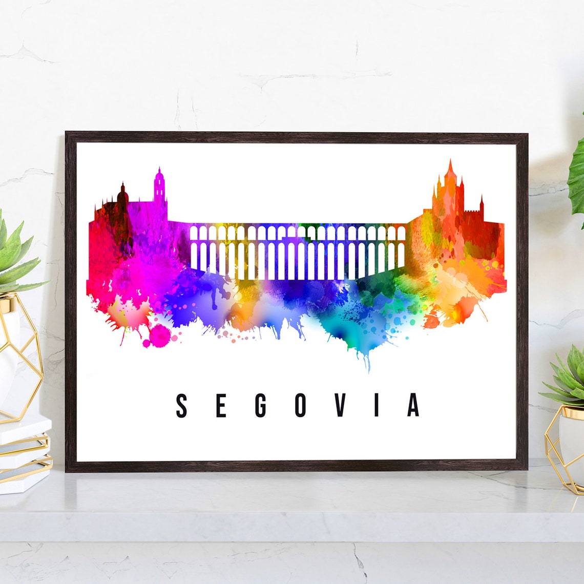 Segovia Spain Roman Aqueduct Rainbow Watercolor Skyline Poster