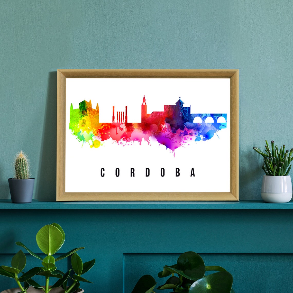 Cordoba Spain Rainbow Watercolor Skyline Historic Cityscape Art Poster - Image 2
