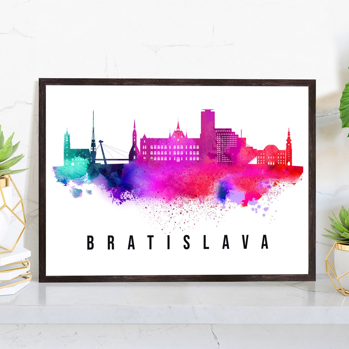 Bratislava Slovakia Watercolor Magenta Skyline Apollo Bridge Poster