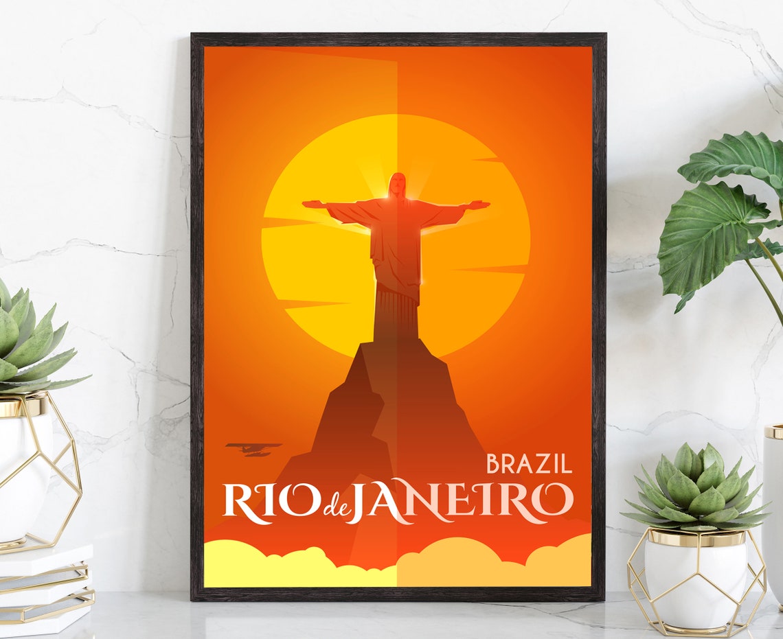 Rio De Janeiro Brazil Christ The Redeemer Sunset Retro Travel Poster