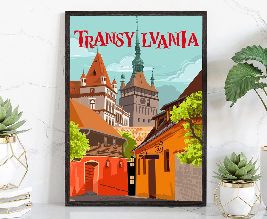 Transylvania Romania Old Town Clock Tower Vintage Travel Poster