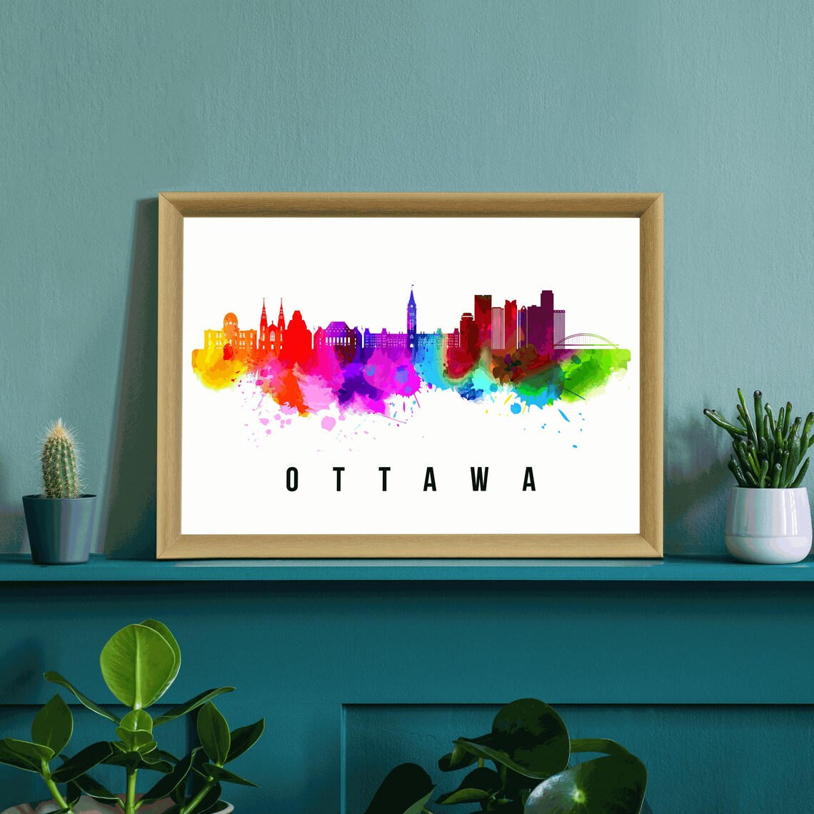 Ottawa Canada Rainbow Watercolor Skyline Parliament Hill Travel Poster - Image 3
